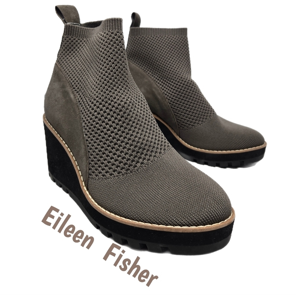 Eileen Fisher Wedge Boots Sz 6.5 & 8  London Knit'Leather Rye Brown Knit Stretch